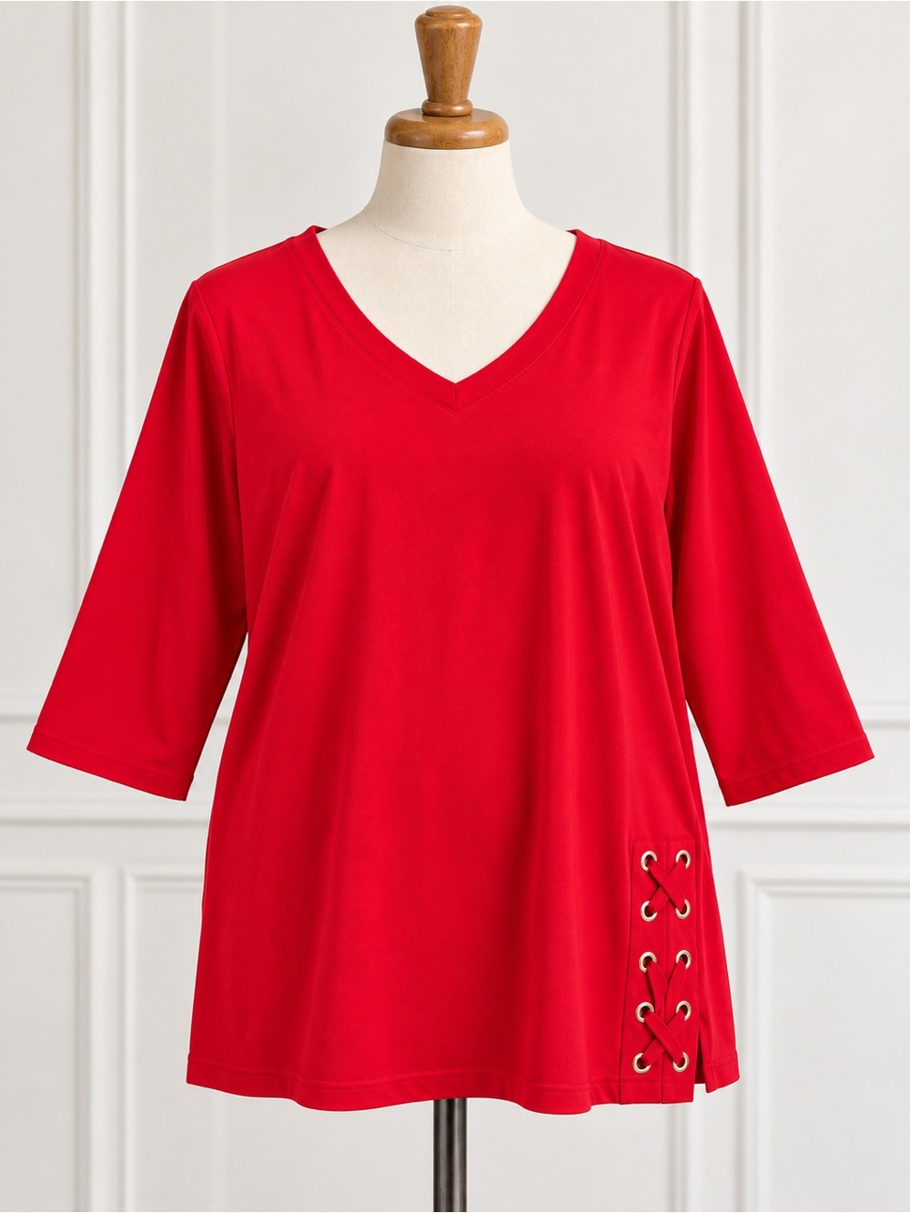 Chico’s NWT Red Lace-Up V-Neck 3/4 Sleeve Top Size Large Holiday Work